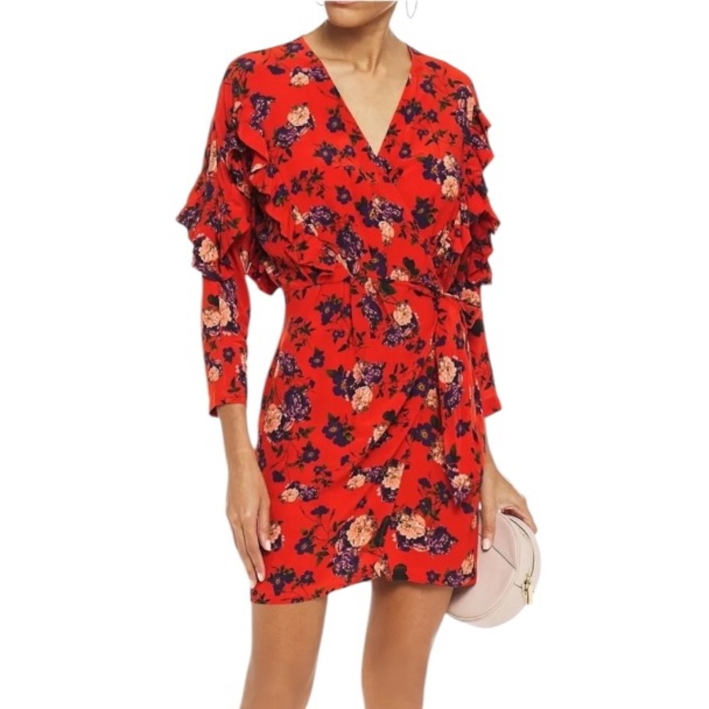 IRO Paris Nucha Red Floral Print Ruffle Trimmed Wrap Mini Dress - 8